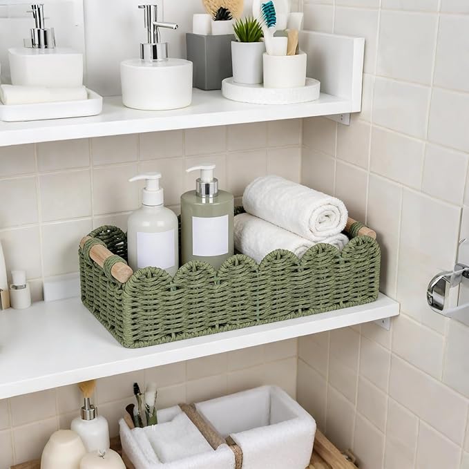 CubesLand Toilet Paper Storage Basket Scalloped Edge Home Decor Green Basket, Living Room Cozy Decor, Paper Rope Small Baskets for Over Toilet Storage Shelf, End Table, Shelves, with 2 Wooden Handles