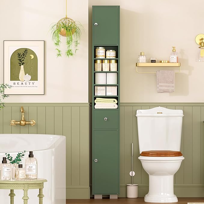 TEENFON Bathroom Cabinet, Narrow Bathroom Storage Cabinet with 5 Adjustable Shelves & Drawer, Freestanding Cupboard for Small Spaces, Green