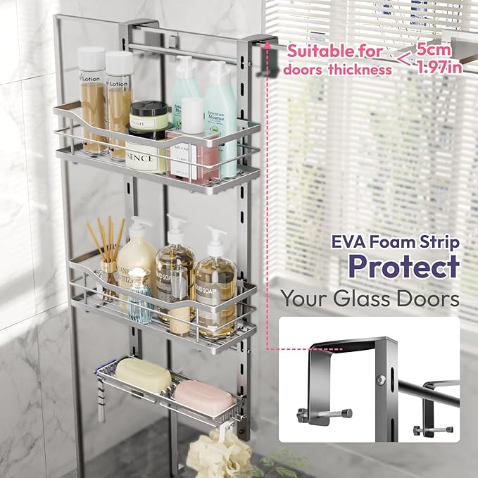 SWTYMIKI Over the Door Shower Caddy - 3 Tier Adjustable Shower Organizer Hanging with Soap Holder, No Drilling Stainless Steel Bathroom Rack Hanging for Body Wash, Shampoo, Soap, Razor, Silver