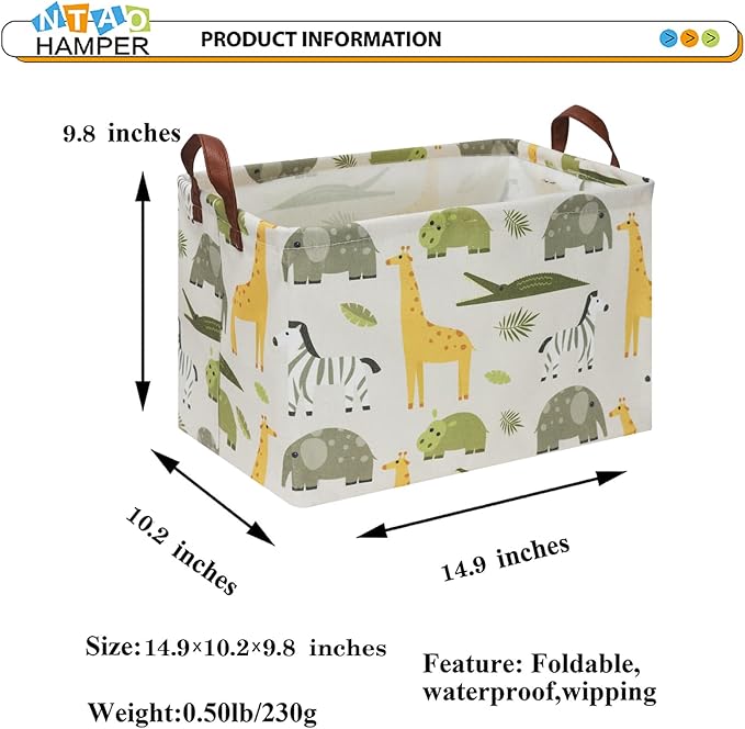 Rectangular Green Storage Basket,Collapsible Gift Basket with Handles,Kids Toys/Books Box,Room Decor(Green Animal)
