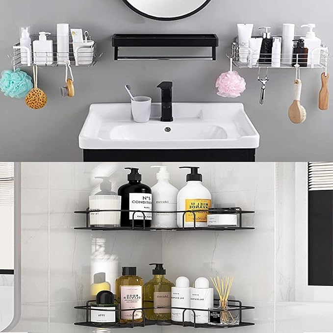 Qiic 4 PCS Corner Shower Caddy Adhesive Sticker Replacement Hook, for Shower Caddy Bathroom Rack Shelf Soap Dish Basket Wall Hanging Hook with Strong Sticky, No Drilling Bath Toilet Kitchen Organizer
