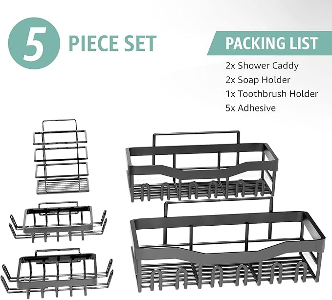 GD Adhesive Shower Caddy 5 Pack – Rustproof Stainless Steel No-Drill Bathroom Organizer Shelves with Large Capacity, Waterproof Storage Racks for Shower, Kitchen, Dorm, Apartment, and Home