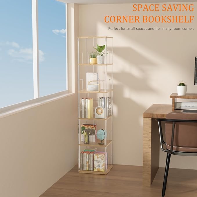 360° Rotating Bookshelf, 5-Tier Spinning Book Shelf Tower with Solid Wood & Clear Acrylic, Square Revolving Bookcase for Living Room, Bedroom and Office