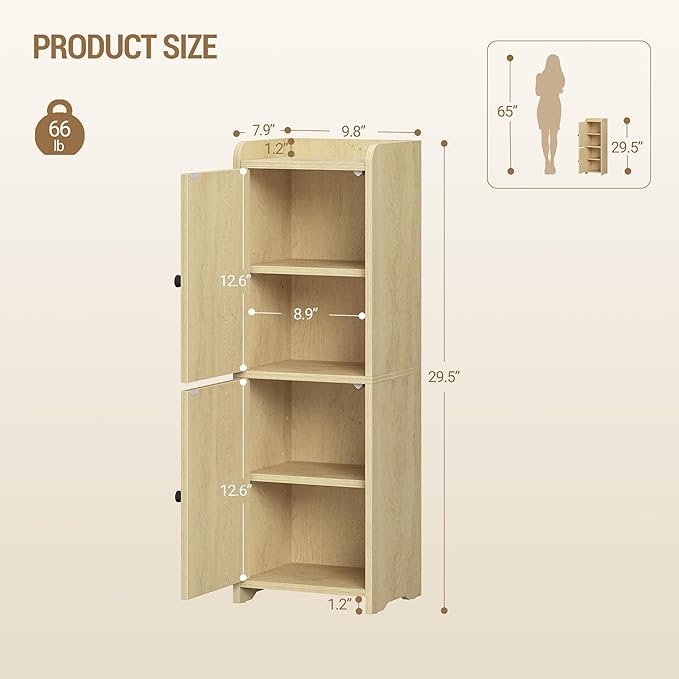 Bathroom Storage Cabinet, Small Corner Floor Cabinet with 2 Doors and Adjustable Shelf, Narrow Toilet Paper Cabinets, Bathroom Organizer for Small Spaces, 7.9" D x 9.8" W x 29.5"Rattan Yellow