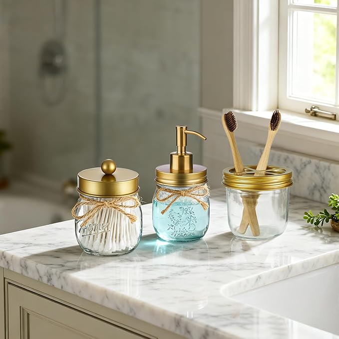 Amolliar Mason Jar Bathroom Accessories Set 4 Pcs -Lotion Soap Dispenser & 2 Qtip Holders & Toothbrush Holder - Rustic Farmhouse Decor, Bathroom Home Decor (Gold)