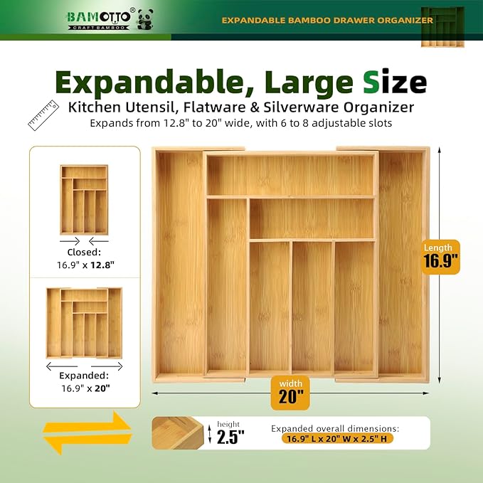 Expandable Bamboo Kitchen Drawer Organizer – Silverware Organizer, Utensil Holder & Cutlery Tray Drawer Dividers for Flatware (20"x16.9" Large Size, 8 Slot, Natural)