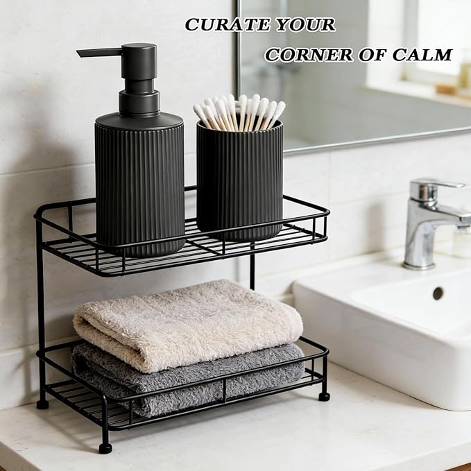 Bathroom Set Accessories, Black Soap Dispenser and Toothbrush Holder Complete 2 Piece Plastic Hand Dish Soap Counter Set for Modern Decor