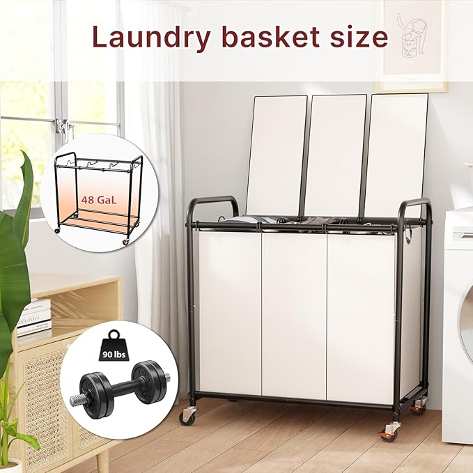 3-Compartment Laundry Cart with Lockable Wheels & Lid 180L Large Wheeled Laundry Basket Heavy-Duty Sorting Organizer for Laundry Room (White)