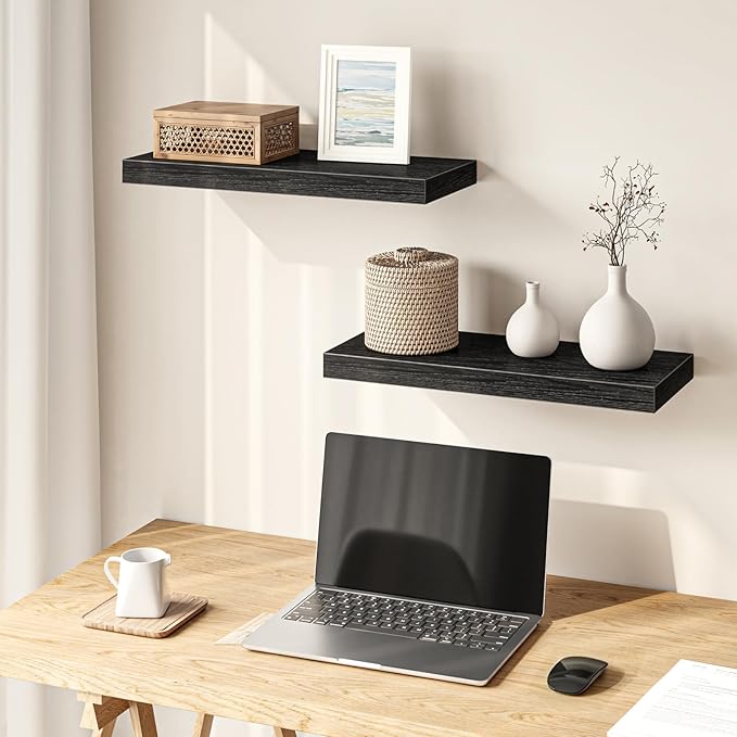 Fixwal Floating Shelves for Wall, 15.7" Wood Wall Mounted Shelves for Living Room, Bedroom, Bathroom and Kitchen, for Storage, Books, Room Decor (Black, Set of 2)