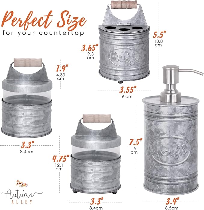 Autumn Alley Rustic Bathroom Accessories Set 4 - Galvanized Soap Dispenser, Rustic Toothbrush Holder, 2 Apothecary Jars Qtip Holder - Western Bathroom Decor – Farmhouse Bathroom Decor Accessories