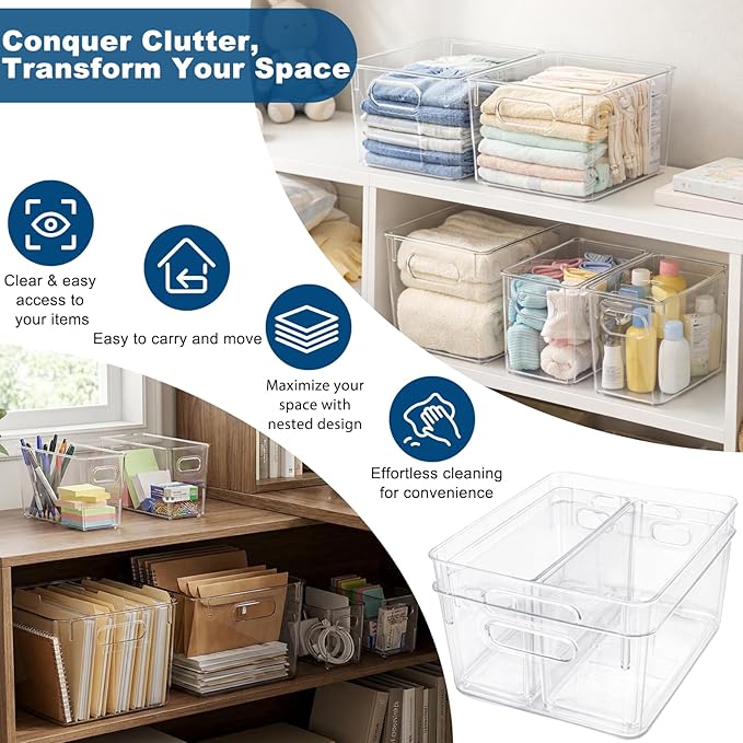 MOONEDGE 4 Pack Modular Clear Plastic Storage Organizer Bins – 2 Large & 2 Narrow, Nestable Space-Saving System for Pantry & Kitchen Storage, Fridge, Bathroom & Cabinet