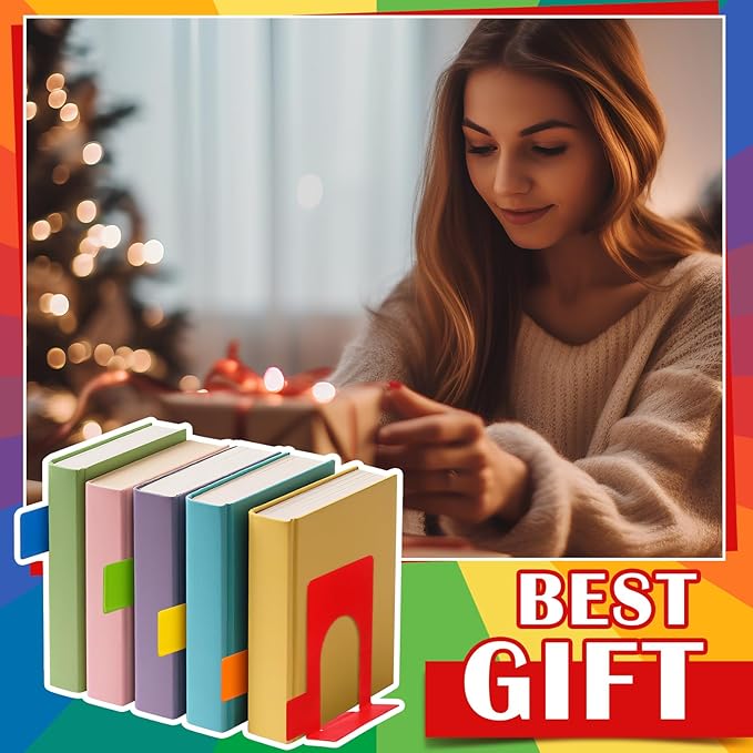 5 Set Metal Book Ends for Shelves Rainbow Book Shelf Dividers Library Shelf Marker Bookends Stopper Colorful Office Stand Holder for Heavy Books Desk Home Movies Kitchen Cds