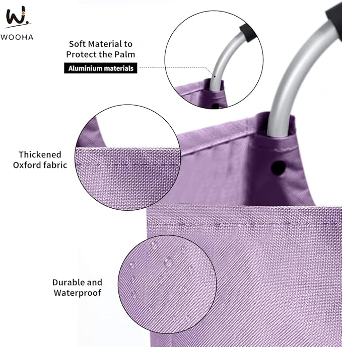 WOOHA Laundry Basket, Laundry Hamper,Collapsible Folding Clothes Hamper, Waterproof Easy Carry with Foam Protected Aluminum Handles,laundry bag,95L,Purple