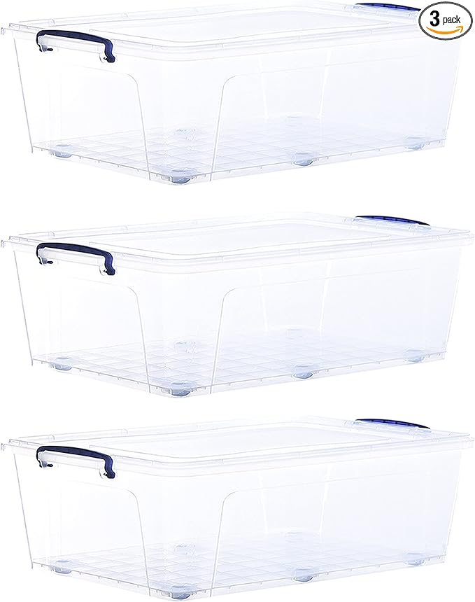 Superio Under Bed Storage Containers with Wheels (3 Pack), Flat Clear Storage Bin Stackable Large Storage Latch Box with Lids Store Cloths, Bedding, Linen, For Under The Bed, Garage, Home