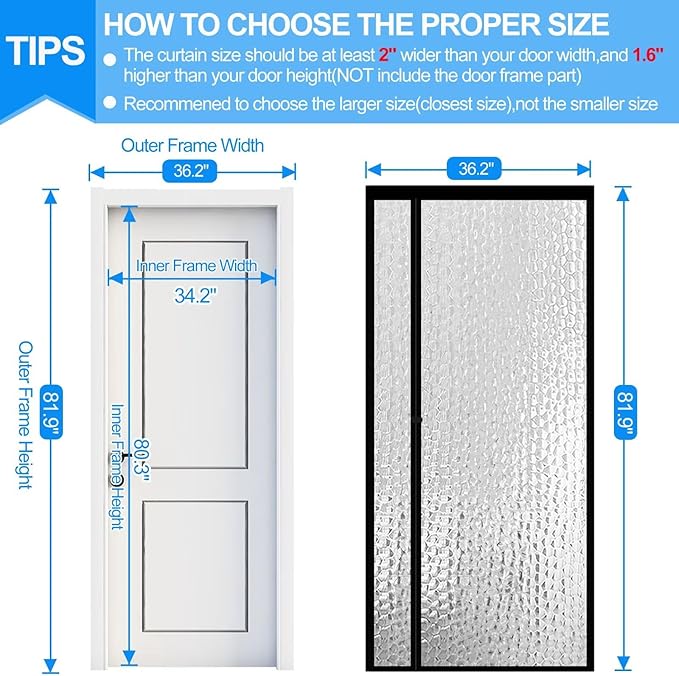 RELIANCER Magnetic Thermal Insulated Door Curtain,Waterproof EVA Door Cover,Left Right Side Opening,Fit Doors Size 34"x80",Self-Closing Insulated Doorway Curtain,Patio Auto Close Thermal Doors Screen