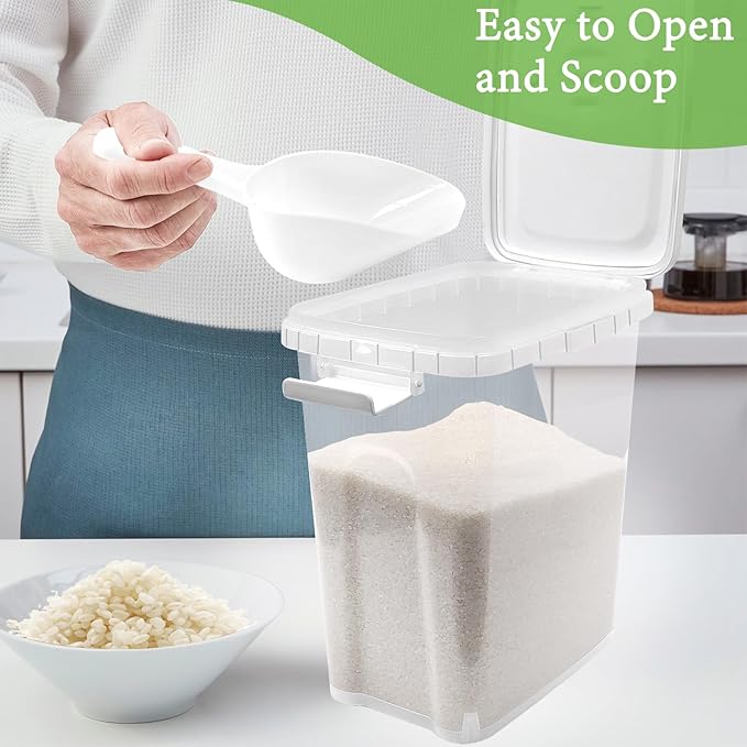 Tight-Lock Rice Container 10-15 Lbs - Airtight Flour Container with Scoop - Food-Grade Plastic Food Storage Container for Cereal, Sugar - Dry Food Dispenser for Kitchen, Pantry Organizers and Storage