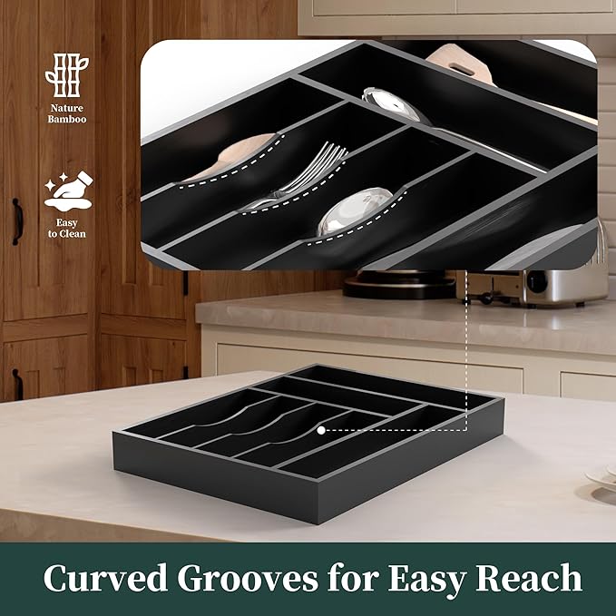 Bamboo Silverware Organizer, Kitchen Drawer Organizer, Utensil Holder, Cutlery Tray & Spoon Flatware Storage with Grooved Drawer Dividers (7 Slots, Black)
