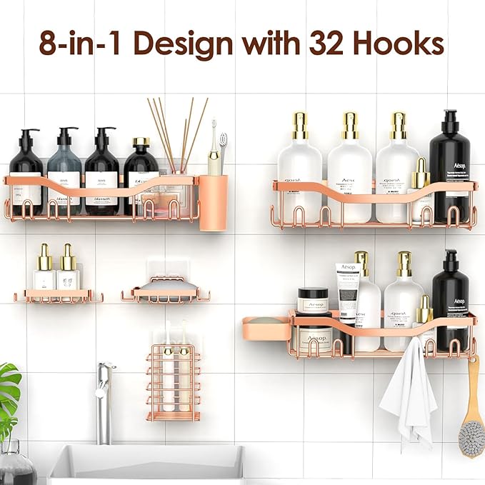 Shower Caddy Adhesive Shower Organizer 8-Pack, Rustproof Stainless Steel Bathroom Shelves, Large Capacity No-Drill Rack Storage Accessories with Soap Dish Toothbrush Holder Hooks