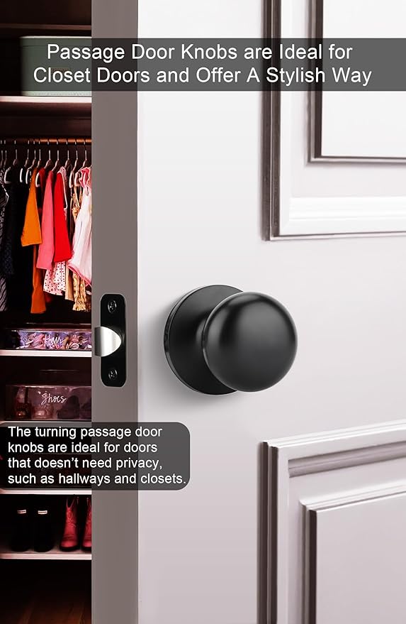 Goldenwarm Black Closet Door Knobs, Passage Door Knobs, Matte Black Door knob Without Lock for Hallway, Closet(1 Pack)