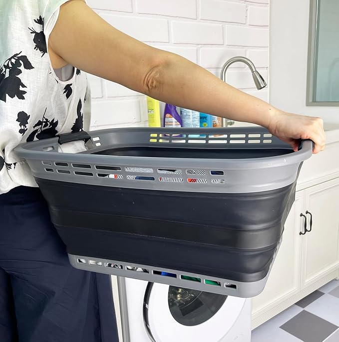 SAMMART 42L (11 Gallons) Collapsible Plastic Laundry Basket - Foldable Pop Up Storage Container/Organizer - Portable Washing Tub - Space Saving Hamper/Basket [BPA Free] (Grey/Black)