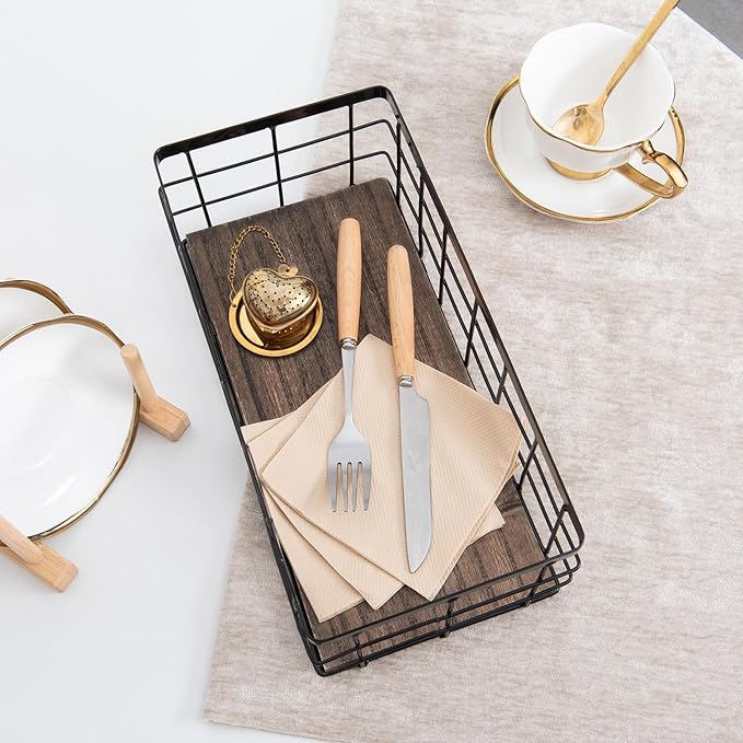 ROSE BLOOM Small Metal Wire Storage Basket, Decorative Wood Base Organizer Bins for Bathroom, Kitchen, Laundry Room, Pantry, Basket for Toilet Paper, Fruits, Spices（1 Pack