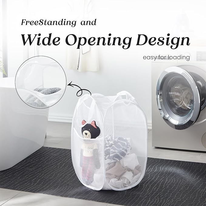 TECHMILLY Collapsible Mesh Pop Up Laundry Hamper with Sturdy Handles and Side Pocket - Portable Foldable Clothes Baskets for Dorm, Bathroom & Travel Storage (White, 2 Packs)