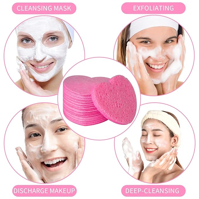 100-Count Compressed Facial Sponges for Estheticians Heart Shape Natural Cellulose Sponge Professional Cosmetic Spa Sponges for Face Cleansing, Massage, Pore Exfoliating, Mask, Makeup Removal, Pink