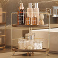 FSyueyun 2-Tier Corner Bathroom Counter Organizer, Tool-Less Installation Corner Vanity Organizer Small Plastics Countertop Makeup Tray Skincare Perfume Organizers (Gold & Brown)