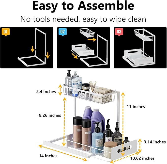 Under Sink Organizers and Storage 2 Tier Slide Out Kitchen Cabinet Organizer Sturdy Metal Bathroom Storage (White, 1 Pack)
