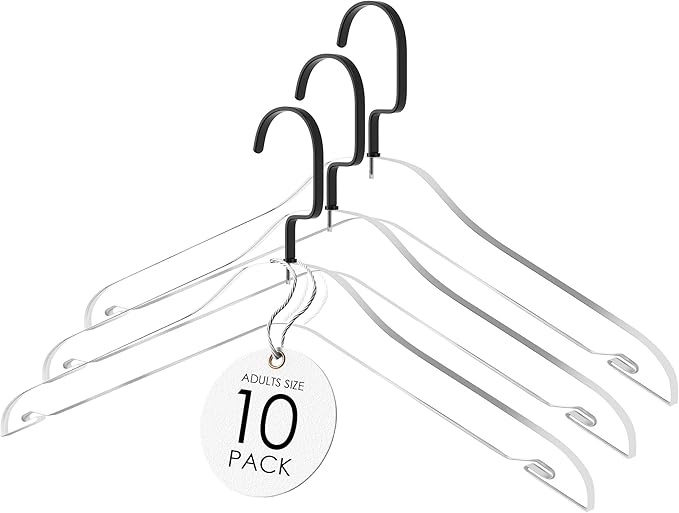 Acrylic Hanger | Sleek, Modern Clothes Hanger with Black Hook | High End Closest Organizer Space Saving Hangers for Shirts, Jackets, Sweaters, Tops & More | 10 Pack
