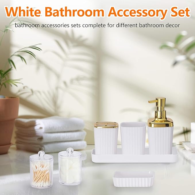 Bathroom Accessories Set,9 Piece White Bathroom Sets Complete with Toothbrush Holder, Trash Can, Lotion Soap Dispenser, Toothbrush Cup, Vanity Tray, Soap Dish, Toilet Brush, Qtip Holder for New Home