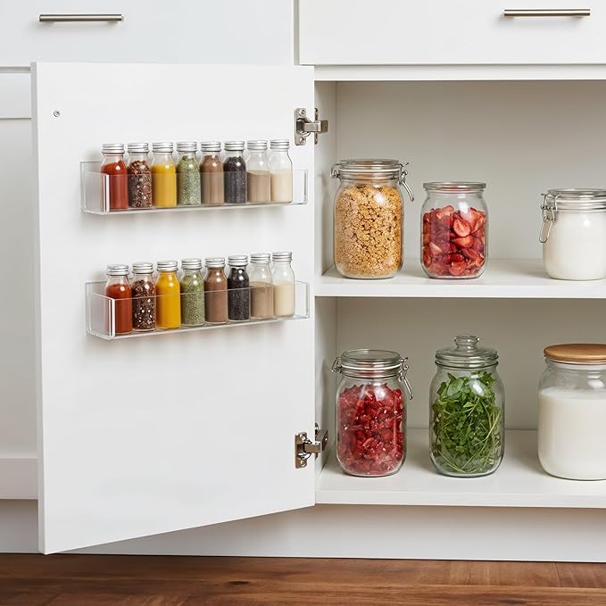 Adhesive Acrylic Spice Rack for Wall, 12 Inch Wall Mount Spice Rack with 2 Double Sided Tape, 4 Pack Hanging Seasoning Rack Organizer for Kitchen Cabinet Door/Pantry Door (Adhesive or Screw)