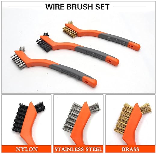 Wire Brush Set 5PCS, Nylon/Brass/Stainless Steel/Carbon Steel Bristles Wire Scratch Brush with Curved Rubber Handle for Cleaning Rust, Corrosion, Dirt, Paint Scrubbing, Deep Detailing Cleaning, Orange