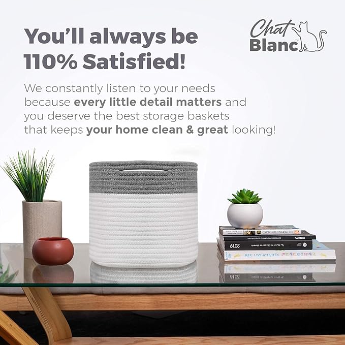 CHAT BLANC Cotton Rope Baskets for Organizing | Storage Baskets for Shelves | Rope Basket for Storage, Small Laundry Baskets, Woven Baskets for Storage, Dog Toy Bin, Baby Basket,Dark Gray&White 3 Pack