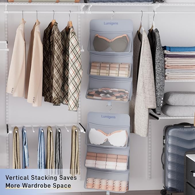 2 pack Hanging Closet Organizer with Pockets, Sock & Underwear Organizer, Bra Organizer for Closet Storage with 360° Rotating Hook, Space Saving Hanging Storage for Closet, Bedroom, RV
