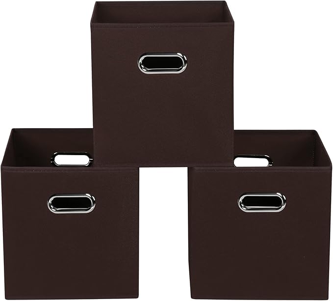 Fabric storage bins Cubes, Fabric Cube Organizer with Handle, Foldable Cube Bins for Cloth or Accessary Storage, 11x11x11, Set of 3, (Coffee)