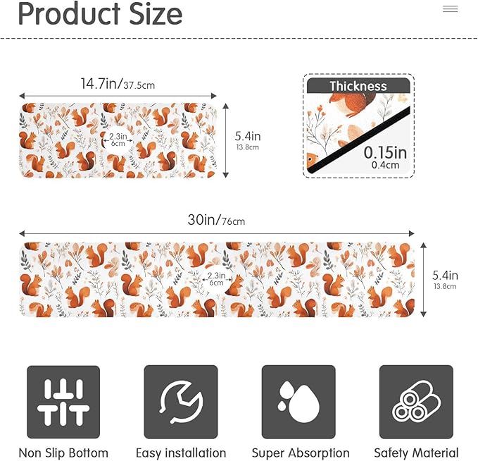 Squirrels and Fall Leaves Kitchen Sink Splash Guard Sink Faucet Mat Faucet Handle Drip Catcher Drain Mats for Kitchen Bathroom Countertop Absorbent Dish Drying Pad 2Pack 14.7x5.4IN