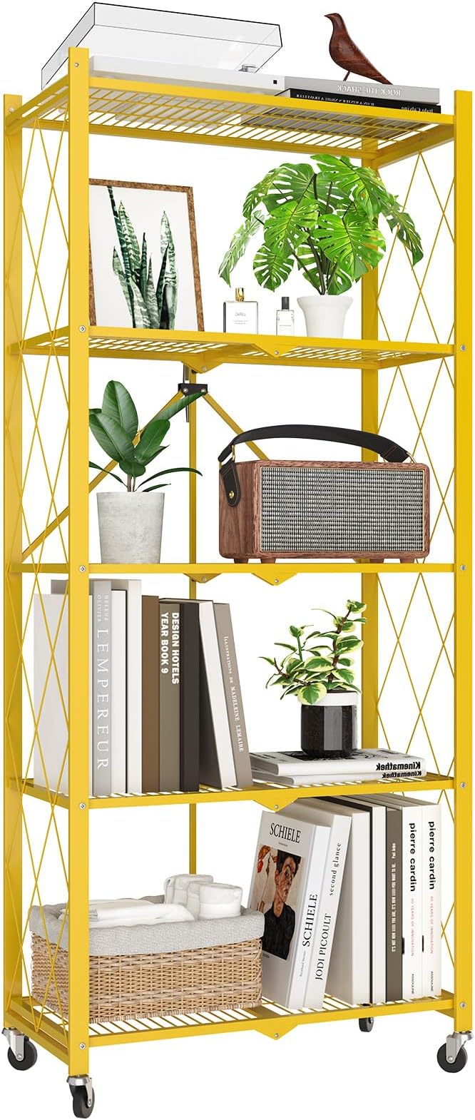 5 Tier Foldable Metal Storage Shelf with Wheels, 500 LBS Heavy Duty Collapsible Wire Shelving Unit, Rolling Utility Rack Cube Bookshelf for Kitchen Pantry Office Garage, 64" x 13" x 27" Gold