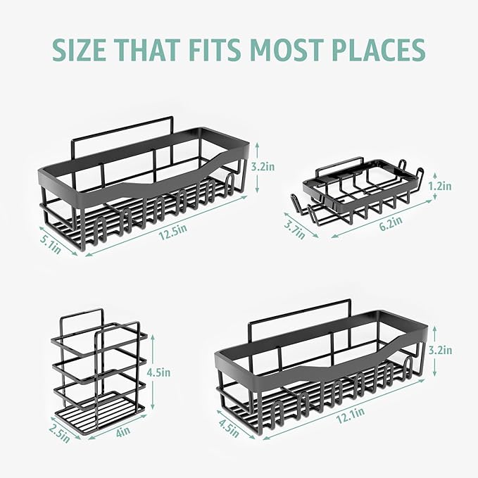 GD Adhesive Shower Caddy 5 Pack – Rustproof Stainless Steel No-Drill Bathroom Organizer Shelves with Large Capacity, Waterproof Storage Racks for Shower, Kitchen, Dorm, Apartment, and Home