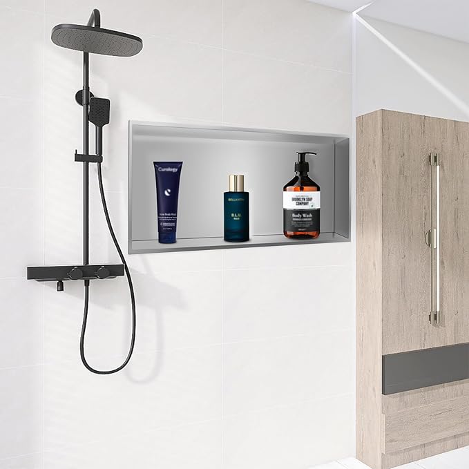 BATHFINESSE Shower Niche No Tile Needed 24 x 12, Niche for Shower Wall, Insert Tile Ready Recessed, Over Mount Installation, Brushed Nickel