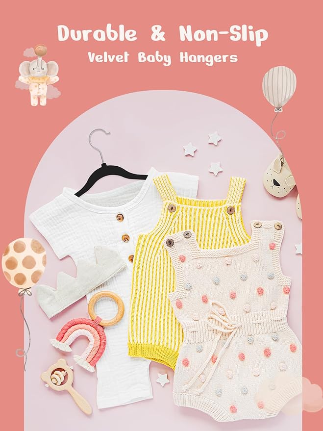 HOUSE DAY 11 Inch Black Velvet Baby Hangers 20 Pack, Premium Kids Hangers for Children, Infant & Toddler Clothes, Durable Non Slip Baby Felt Hanger for Closet, Ideal for Everyday Use