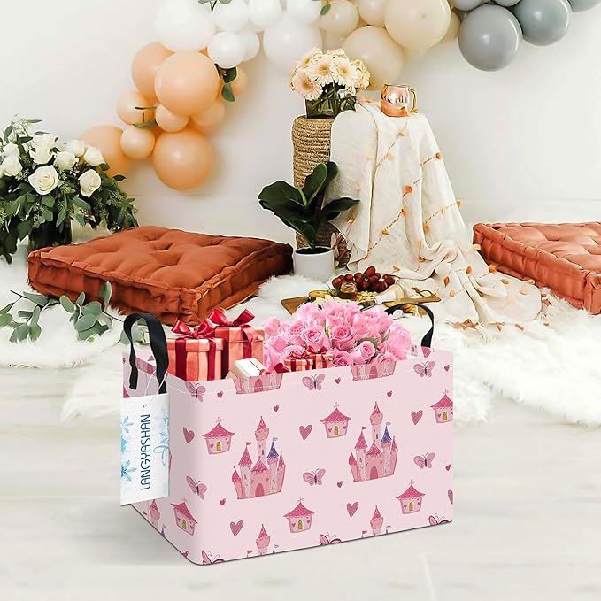 LANGYASHAN Rectangular Storage Bin Collapse Canvas Fabric Cartoon Storage Basket with Handles for Organizing Home Kitchen Boys and Girls Toys Office Closet Shelf Baskets (Rec Pink Castle)