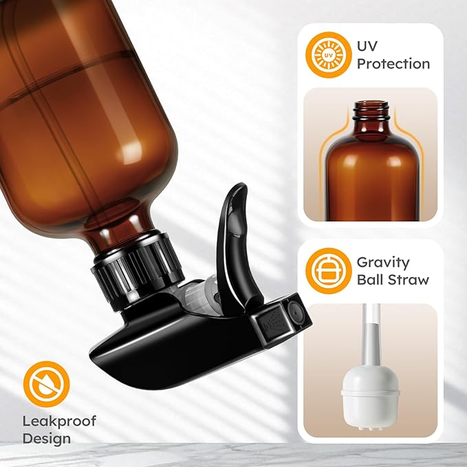 Tecohouse 2 Pack 360° Amber Glass Spray Bottles with Silicone Sleeve, 16 oz Empty Refillable Containers with Adjustable Spray Nozzles, Dark Spray Bottles for Cleaning Solutions, Plants (Black & Brown)