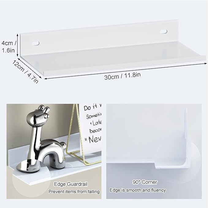HNVNER White Adhesive Shower Caddy 30cm, Floating Bathroom Shelves for Wall 2 Pack, Metal Bathroom Wall Shower Shelves Storage Organizer for Kitchen Home