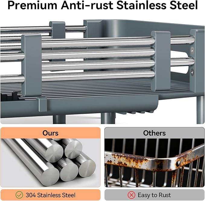 Stainless Steel Dish Drying Rack - Dish Drainer for Kitchen Counter, Extendable Drainboard with Foldable, Space-Saving Cup & Bowl Organizer, Includes Knife and Utensil Holder, Matte-Green