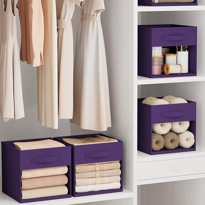 DIMJ Cube Bins, 12.2-Inch Storage Bins Cubes with Window, 6 Packs Collapsible Storage Bins with Handles, Closet Storage Baskets for Organizing Living Room, Office, 6 Pack,Purple