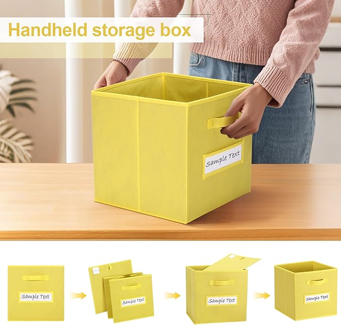 artsdi 11x11 storage cube bins (Set of 10) Foldable Fabric storage cubes with 10 Labels Window Cards & a Pen,11 inch cube storage bin,Closet Organizers for Shelves,Cubby Organizer Boxes,Dark Yellow