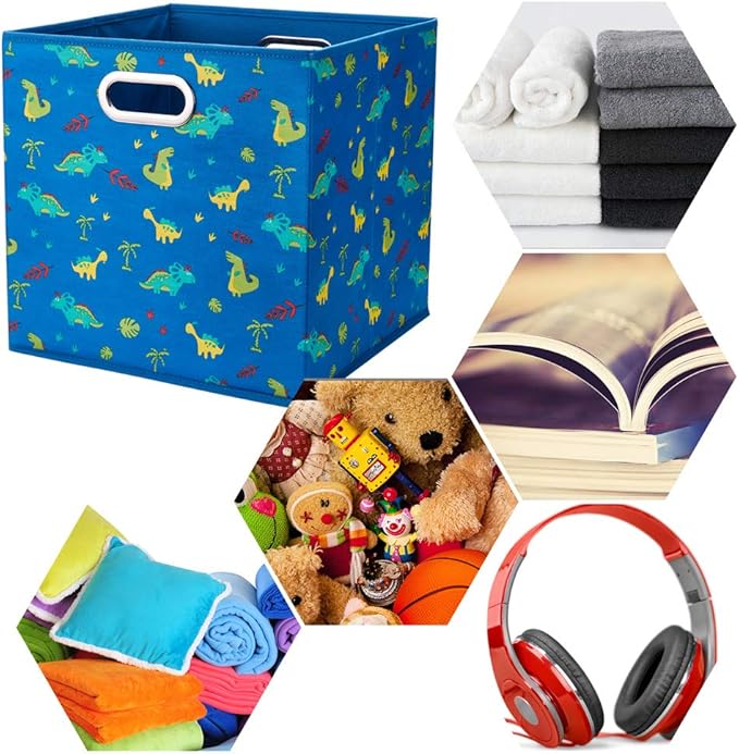 10.5 inch Storage Cubes Dinosaur Decor Storage Bins Blue Fabric Storage Boxes Foldable Storage Basketes Collapsible Cube Inserts for Cube Organizers Drawer,QY-SC13-3
