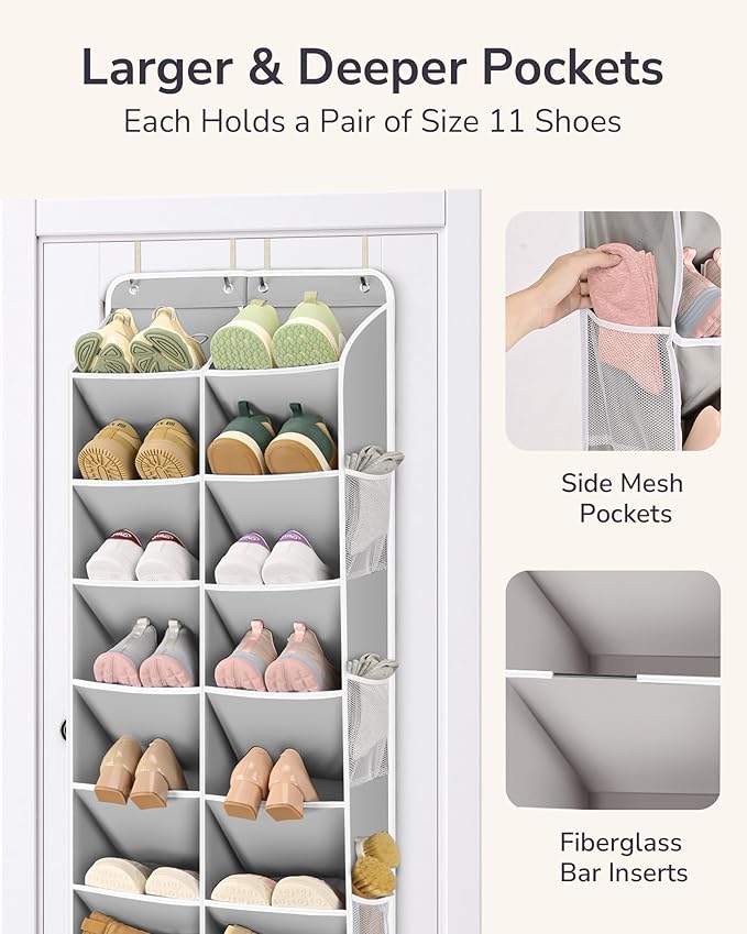 ULG Over The Door Shoe Organizer with 16 Large Pockets, Hanging Shoe Rack for Closet Door, Space Saving Shoe Storage for Boots, Heels & Sneakers,Grey