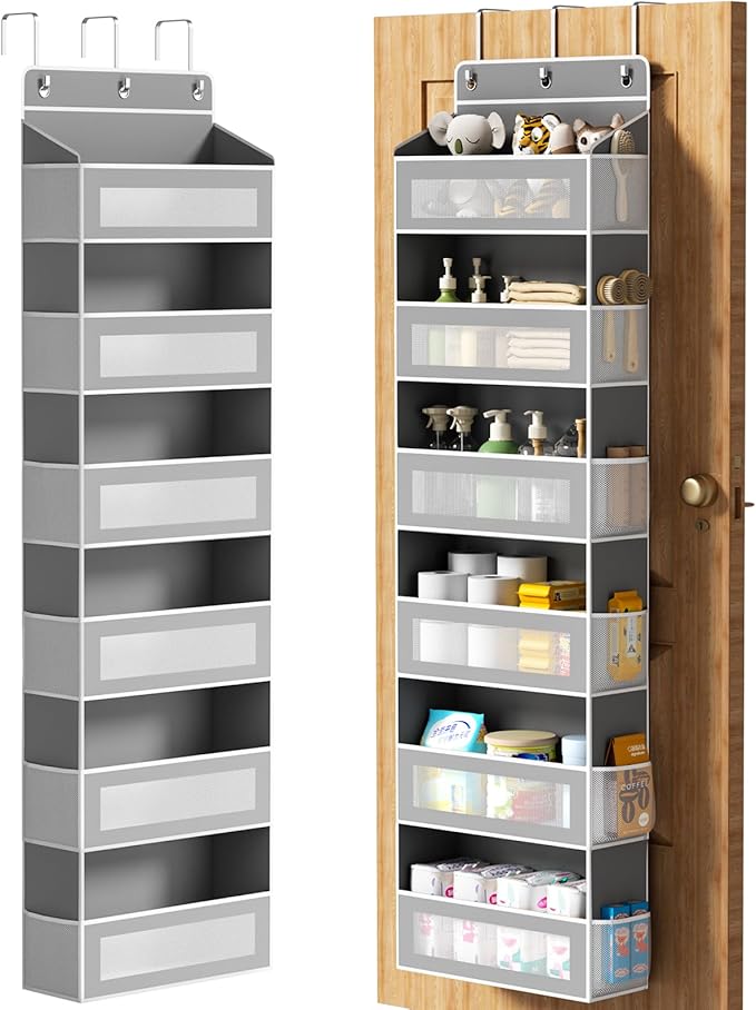 Over The Door Organizer with 6 Large Pockets, Over the Door Storage 12 Side Pockets, Hanging Door Organzier 44 lb Load Behind Door Storage Hanging Shelf for Closet Wall Bathroom Nursery, 6-Tier Grey
